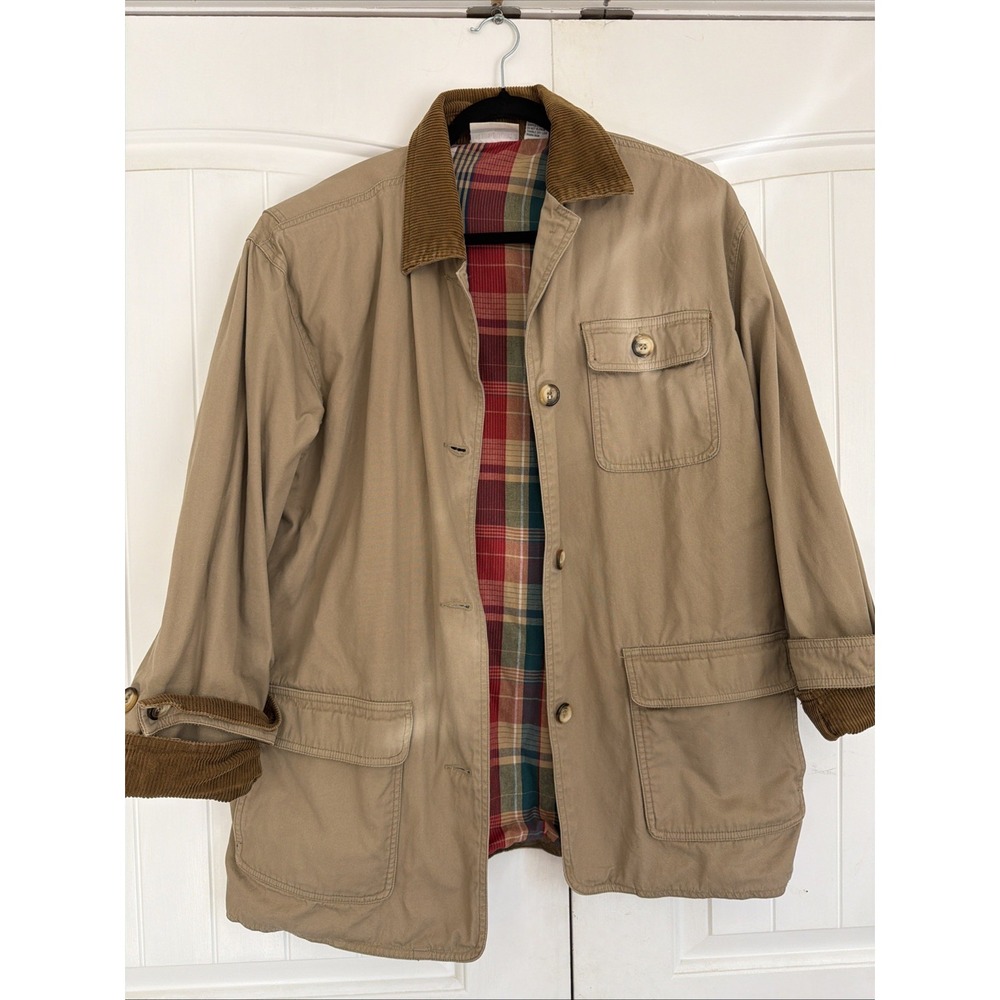 Vtg Alfred Dunner Plaid Lined Chore Coat Corduroy Collar Large